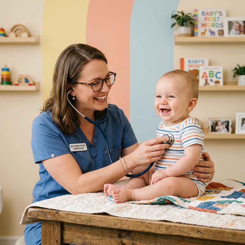 Pediatra examinando bebê sorridente com estetoscópio